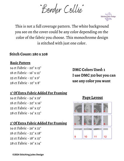 Stitching Jules Design Cross Stitch Pattern Border Collie Counted Cross Stitch Pattern | Dog Cross Stitch | Monochrome Blackwork | Instant Download PDF
