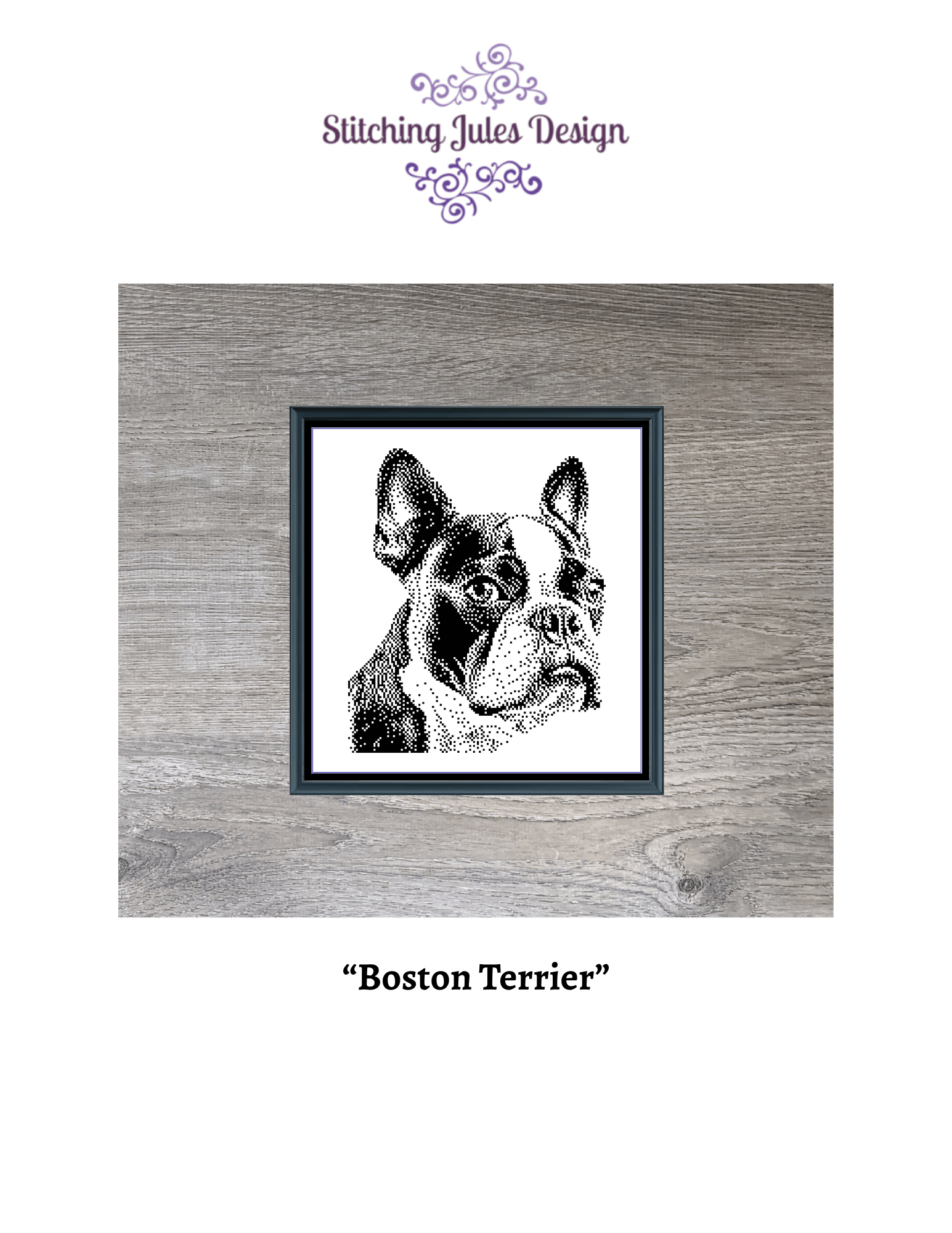 Stitching Jules Design Cross Stitch Pattern Boston Terrier Dog Breed Monochrome Counted Cross-Stitch Pattern (Digital Download)