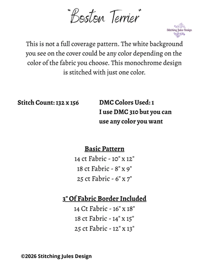Stitching Jules Design Cross Stitch Pattern Boston Terrier Dog Breed Monochrome Counted Cross-Stitch Pattern (Digital Download)