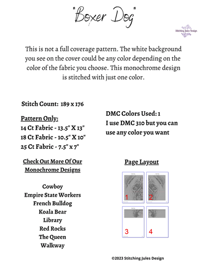 Stitching Jules Design Cross Stitch Pattern Boxer Cross Stitch Pattern | Dog Cross Stitch Pattern | Blackwork | Digital PDF Download