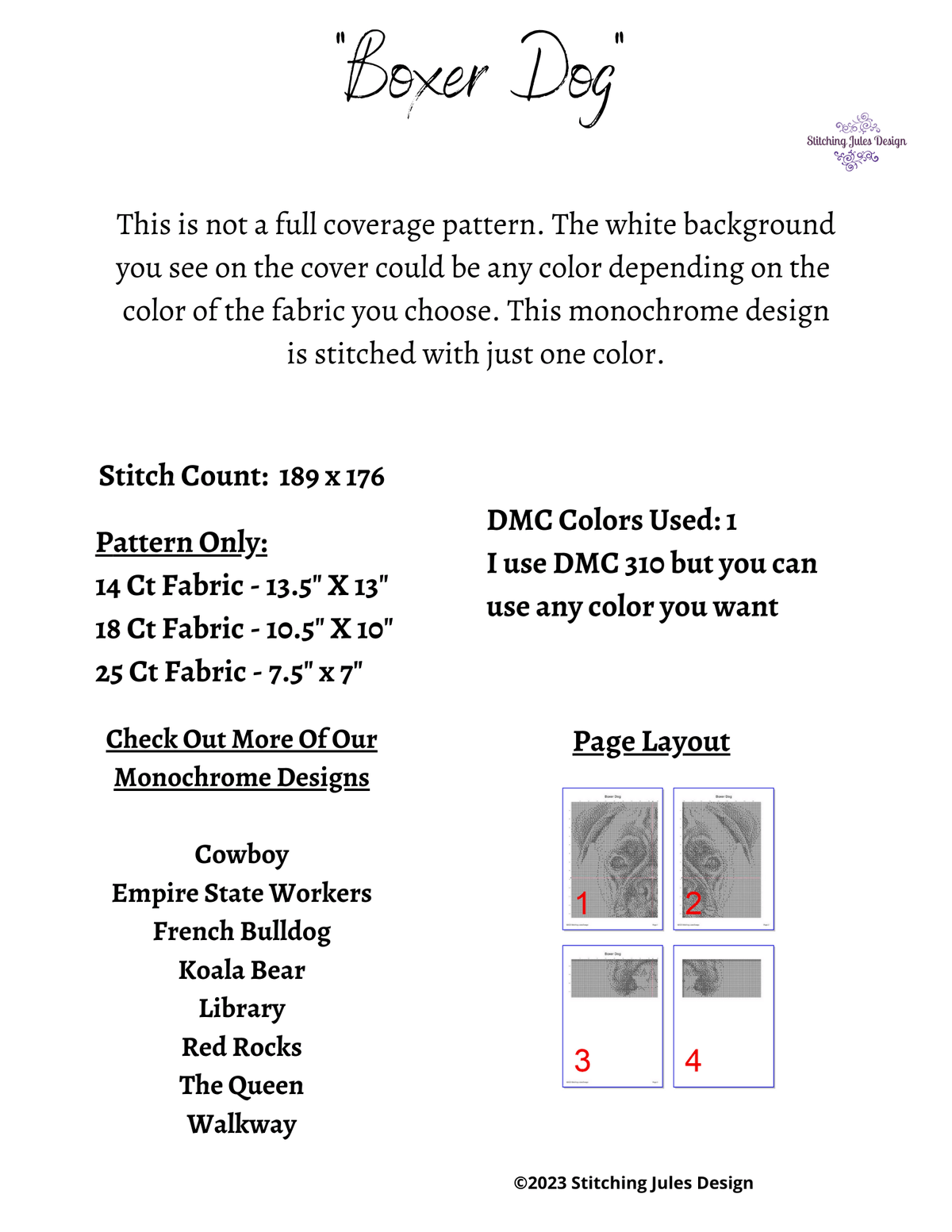 Stitching Jules Design Cross Stitch Pattern Boxer Cross Stitch Pattern | Dog Cross Stitch Pattern | Blackwork | Digital PDF Download