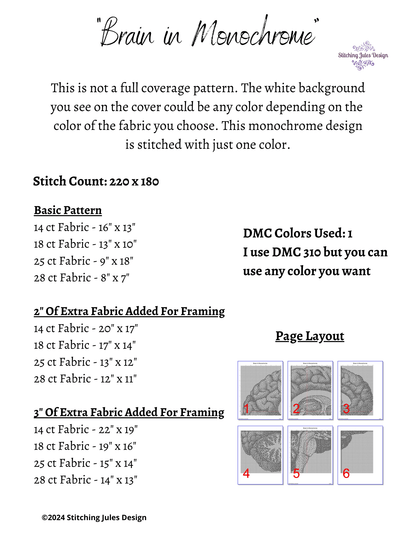 Stitching Jules Design Cross Stitch Pattern Brain Counted Cross Stitch Pattern | Anatomy Cross Stitch | Monochrome Blackwork | Instant Download PDF