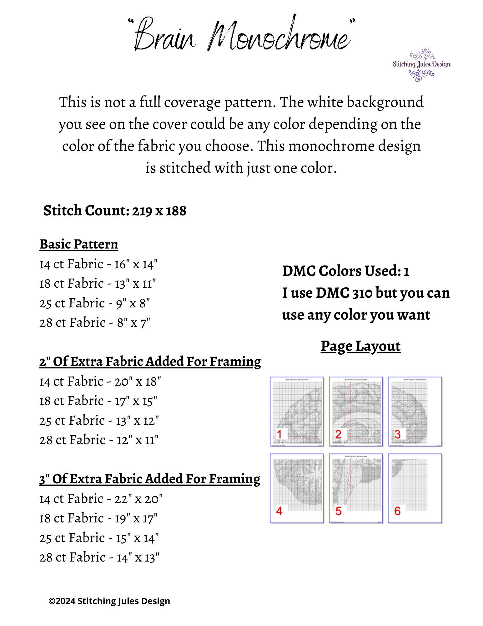Stitching Jules Design Cross Stitch Pattern Brain Human Anatomy Premium Monochrome Counted Cross-Stitch Pattern | Instant Download PDF