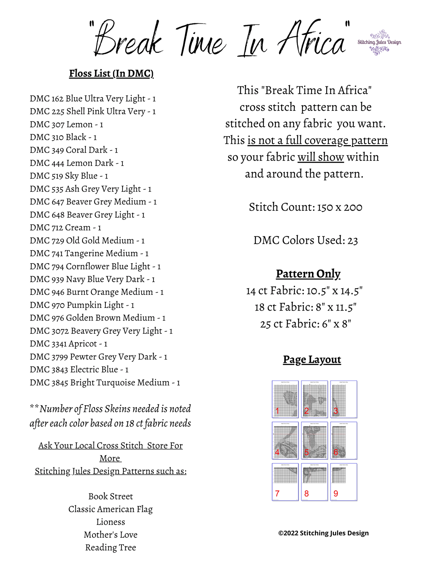 Stitching Jules Design Cross Stitch Pattern Break Time In Africa Embroidery Needlepoint Pattern PDF Download