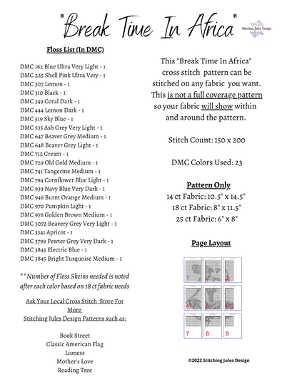 Stitching Jules Design Cross Stitch Pattern Break Time In Africa Embroidery Needlepoint Pattern PDF Download