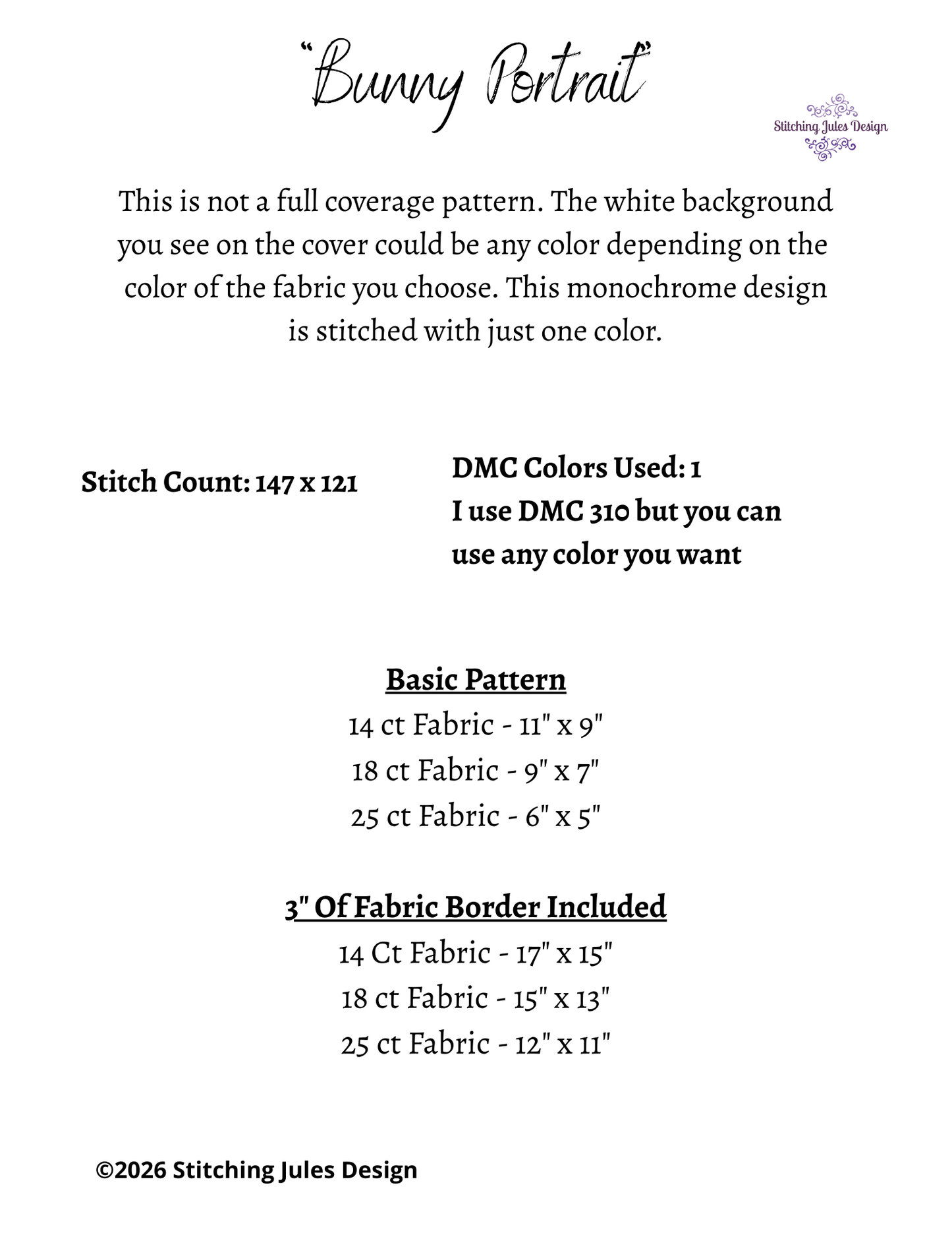 Stitching Jules Design Cross Stitch Pattern Bunny Rabbit Portrait Monochrome Animal Counted Cross-Stitch Pattern (Digital Download)