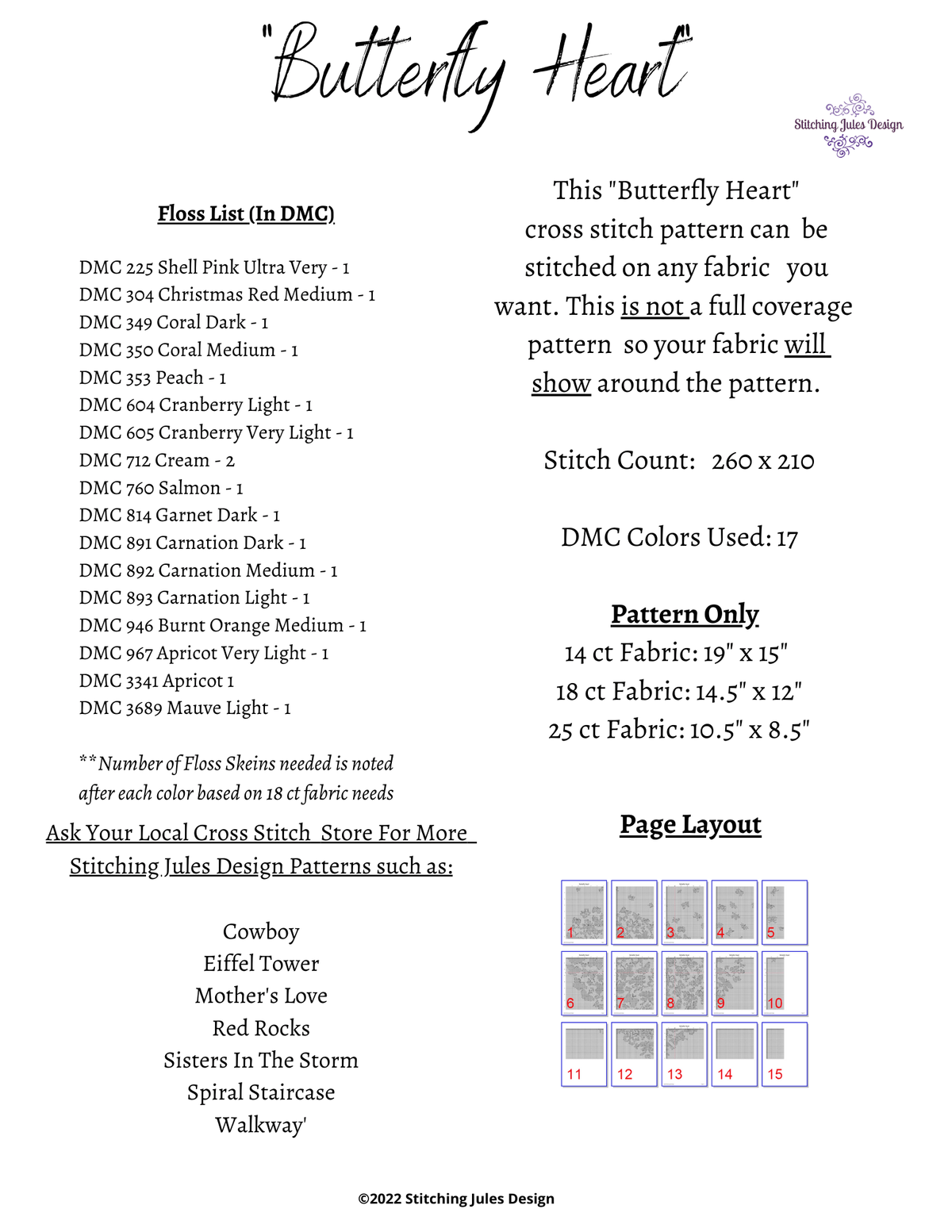 Stitching Jules Design Cross Stitch Pattern Butterfly Heart Cross Stitch Embroidery Needlepoint Pattern PDF Download - Ready For Pattern Keeper