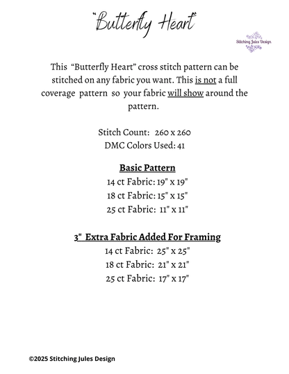 Stitching Jules Design Cross Stitch Pattern Butterfly Heart Spring Flowers Counted Cross Stitch Pattern Digital Download