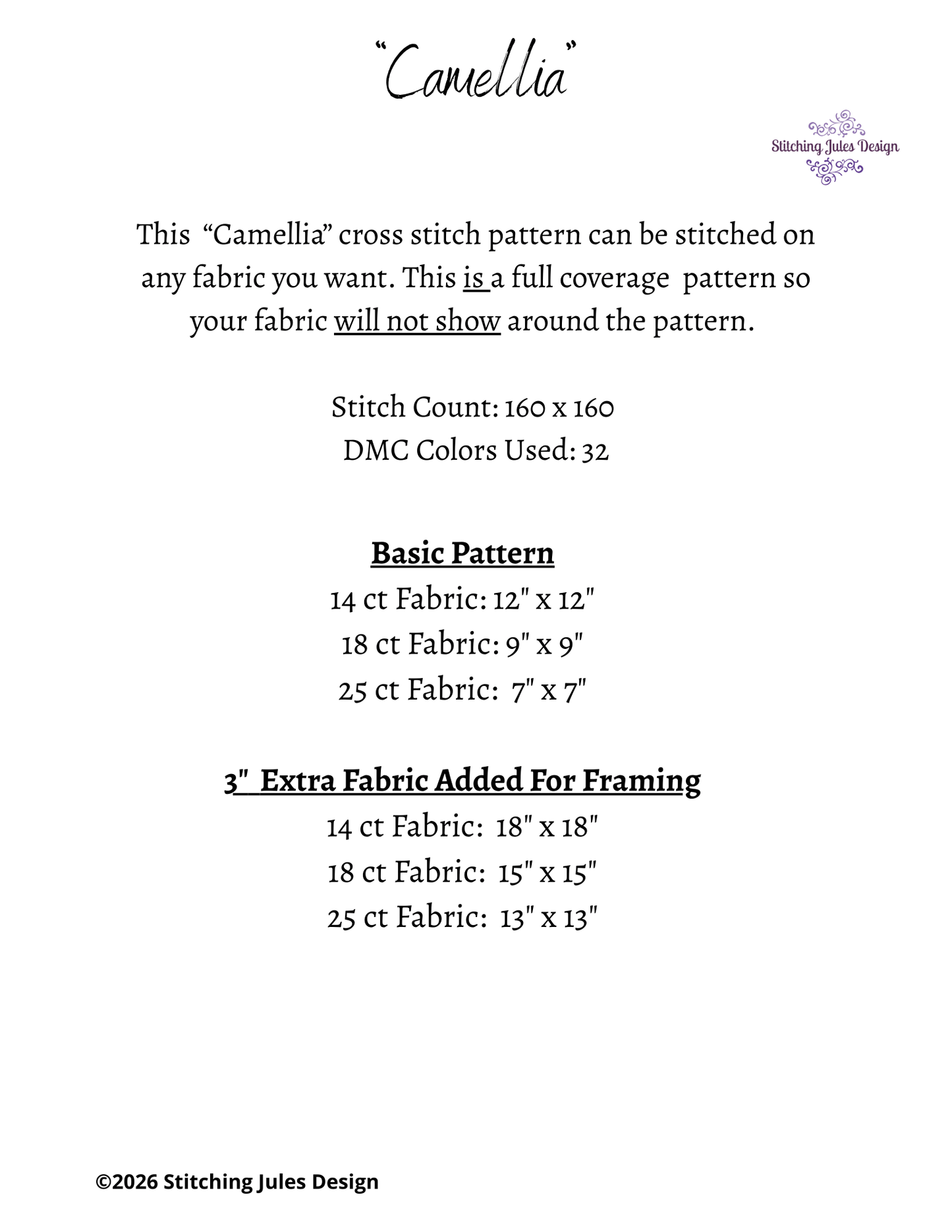 Stitching Jules Design Cross Stitch Pattern Camellia Winter Flower Full Coverage Counted Cross-Stitch Pattern (Digital Download)