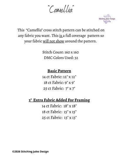 Stitching Jules Design Cross Stitch Pattern Camellia Winter Flower Full Coverage Counted Cross-Stitch Pattern (Digital Download)