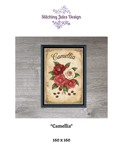 Stitching Jules Design Cross Stitch Pattern Camellia Winter Flower Full Coverage Counted Cross-Stitch Pattern (Digital Download)
