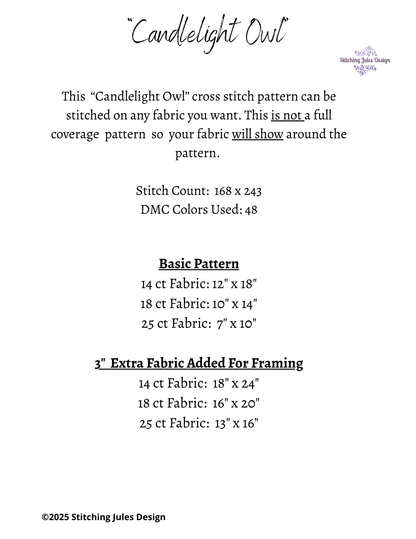 Stitching Jules Design Cross Stitch Pattern Candlelight Owl Animal Counted Cross-Stitch Pattern (Digital Download)