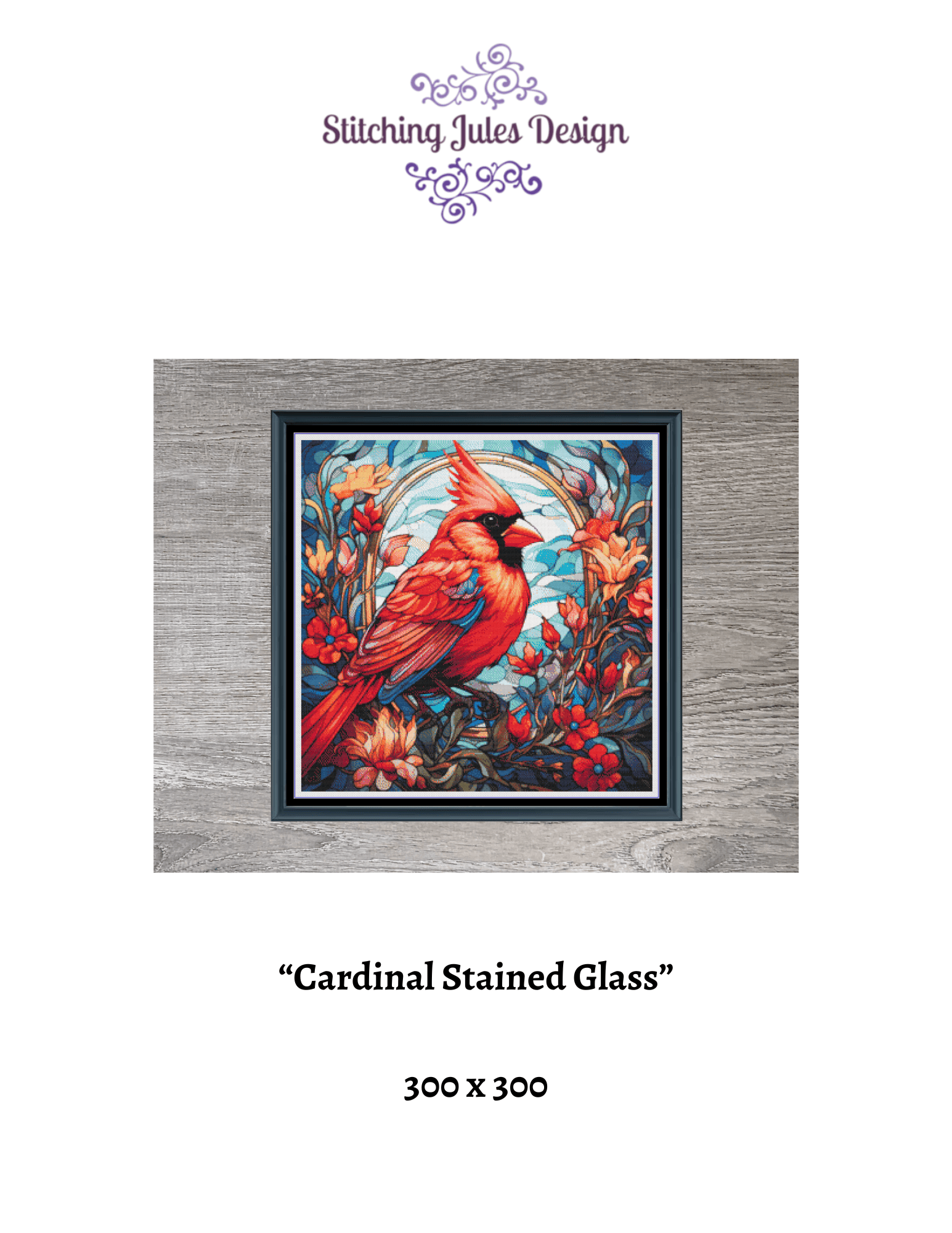 Stitching Jules Design Cross Stitch Pattern Cardinal Bird Winter Stained Glass Large Full Coverage Counted Cross-Stitch Pattern (Digital Download).