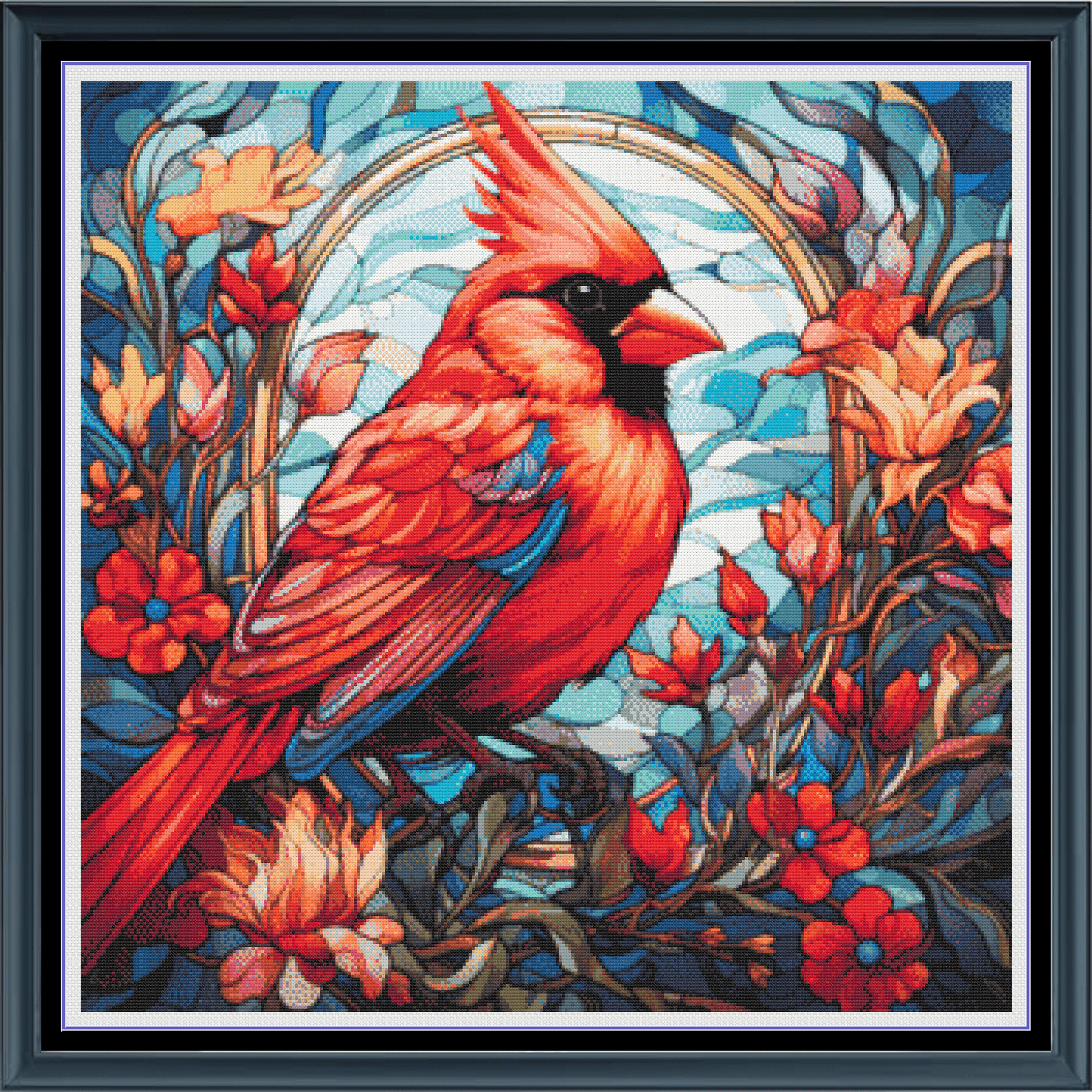 Stitching Jules Design Cross Stitch Pattern Cardinal Bird Winter Stained Glass Large Full Coverage Counted Cross-Stitch Pattern (Digital Download).