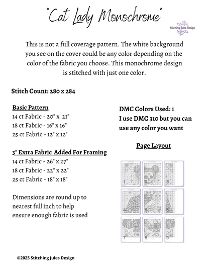 Stitching Jules Design Cross Stitch Pattern Cat Lady Funny Tarot Card Monochrome Blackwork Counted Cross Stitch Pattern Digital Download