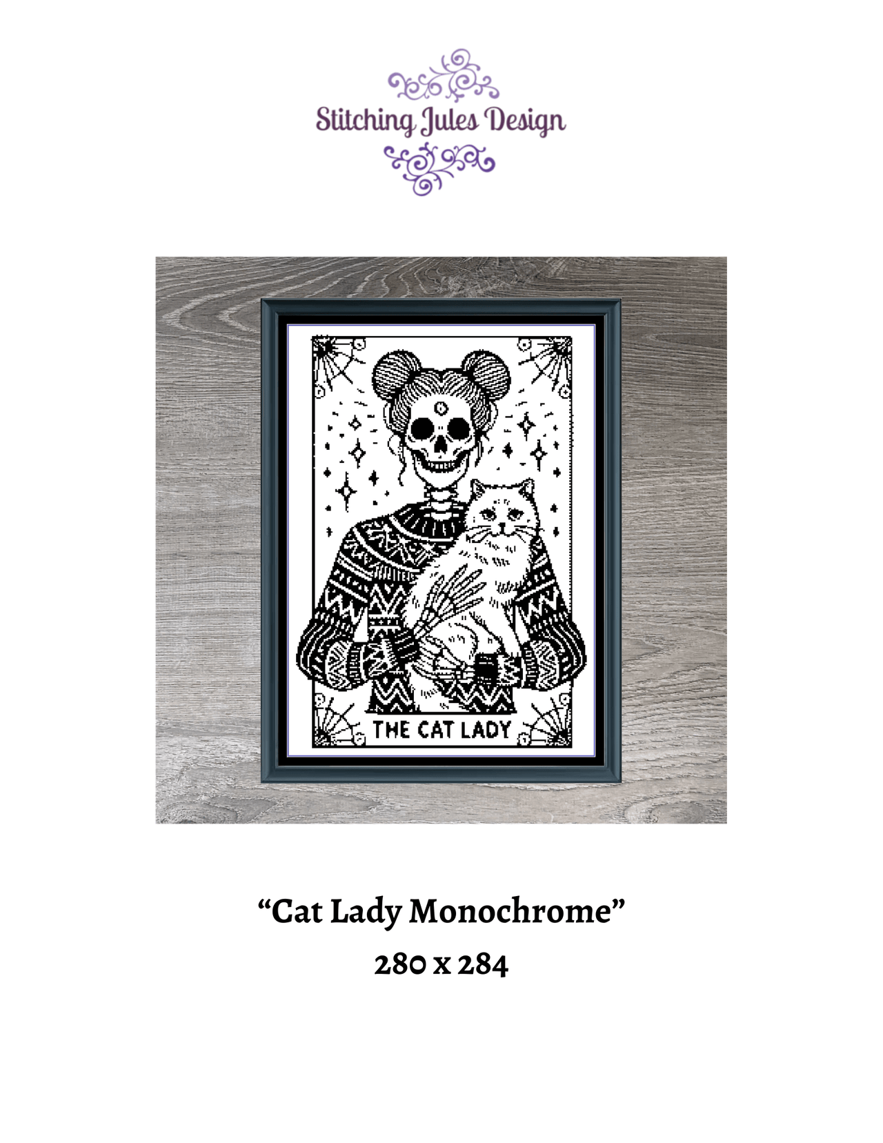 Stitching Jules Design Cross Stitch Pattern Cat Lady Funny Tarot Card Monochrome Blackwork Counted Cross Stitch Pattern Digital Download