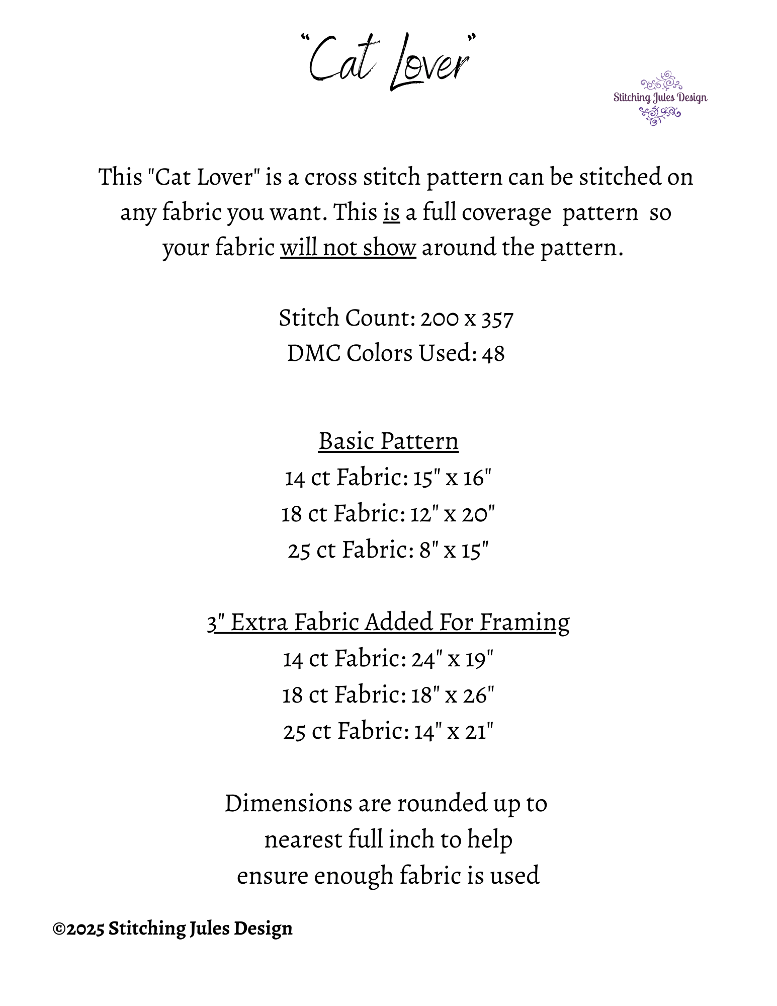 Stitching Jules Design Cross Stitch Pattern Cat Lover Pet Feline Tarot Card Full Coverage Counted Cross-Stitch Pattern (Digital Download)