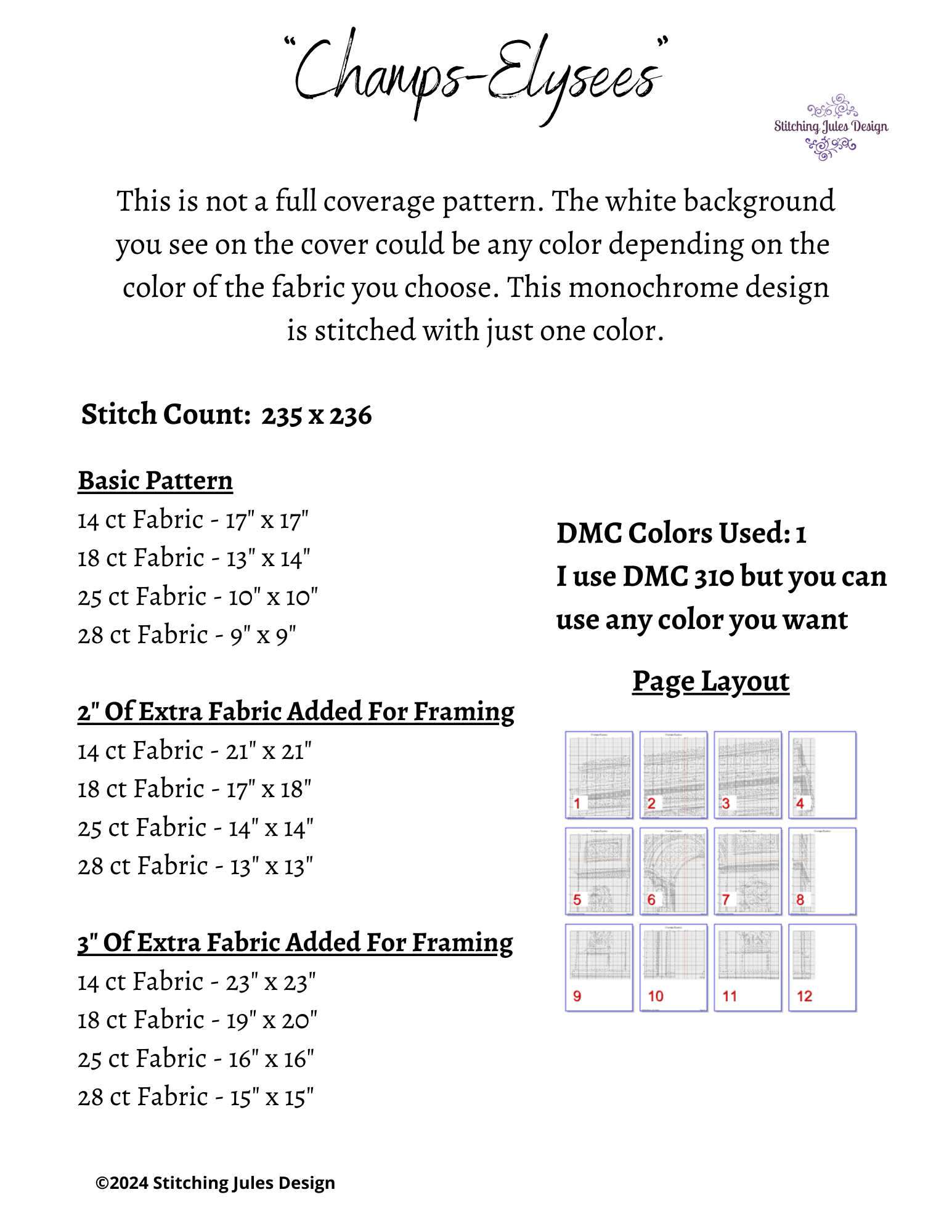 Stitching Jules Design Cross Stitch Pattern Champs-Elysees Monochrome