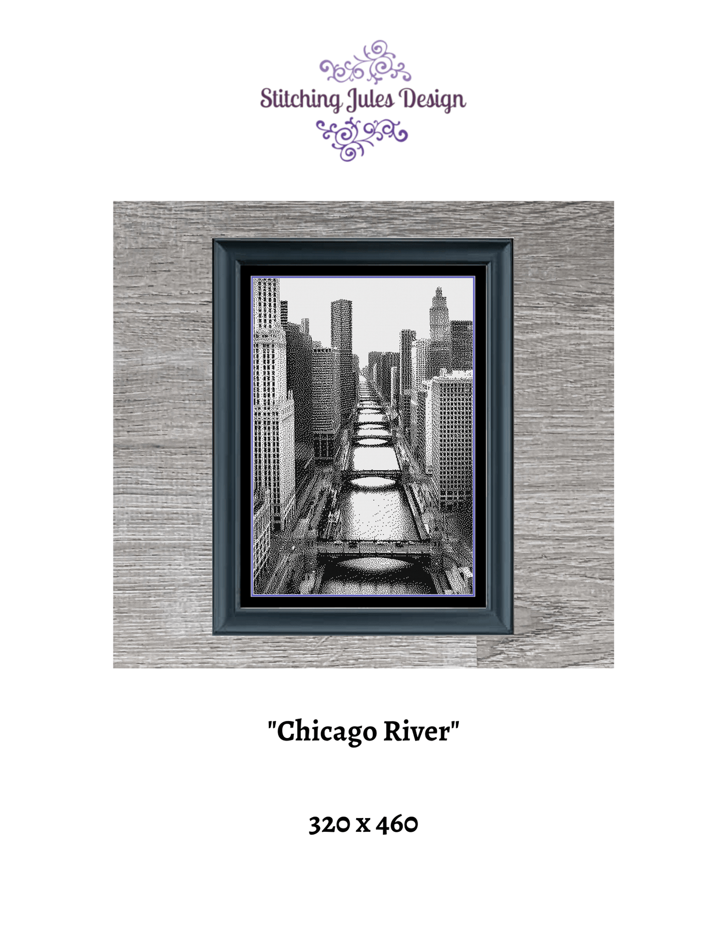 Stitching Jules Design Cross Stitch Pattern Chicago River Riverwalk Monochrome Cross Stitch Pattern Instant PDF Download