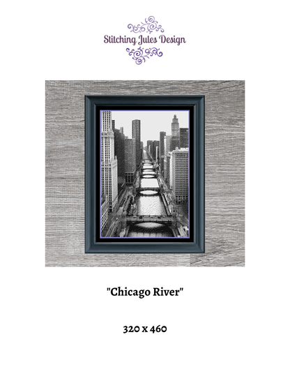 Stitching Jules Design Cross Stitch Pattern Chicago River Riverwalk Monochrome Cross Stitch Pattern Instant PDF Download