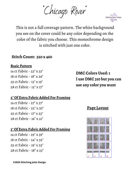Stitching Jules Design Cross Stitch Pattern Chicago River Riverwalk Monochrome Cross Stitch Pattern Instant PDF Download