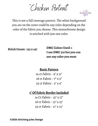 Stitching Jules Design Cross Stitch Pattern Chicken Rooster Portrait Mini Monochrome Counted Cross-Stitch Pattern (Digital Download)