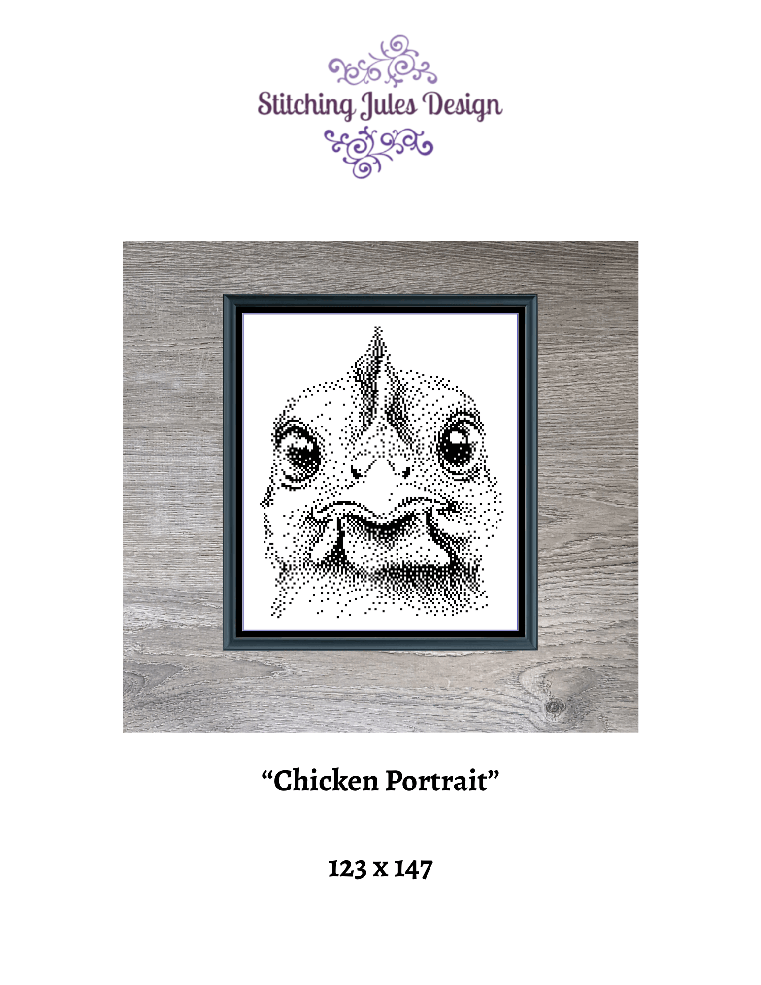 Stitching Jules Design Cross Stitch Pattern Chicken Rooster Portrait Mini Monochrome Counted Cross-Stitch Pattern (Digital Download)
