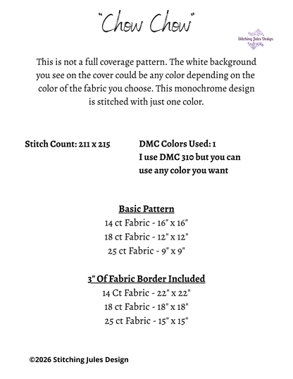 Stitching Jules Design Cross Stitch Pattern Chow Chow Dog Breed Monochrome Counted Cross-Stitch Pattern (Digital Download)