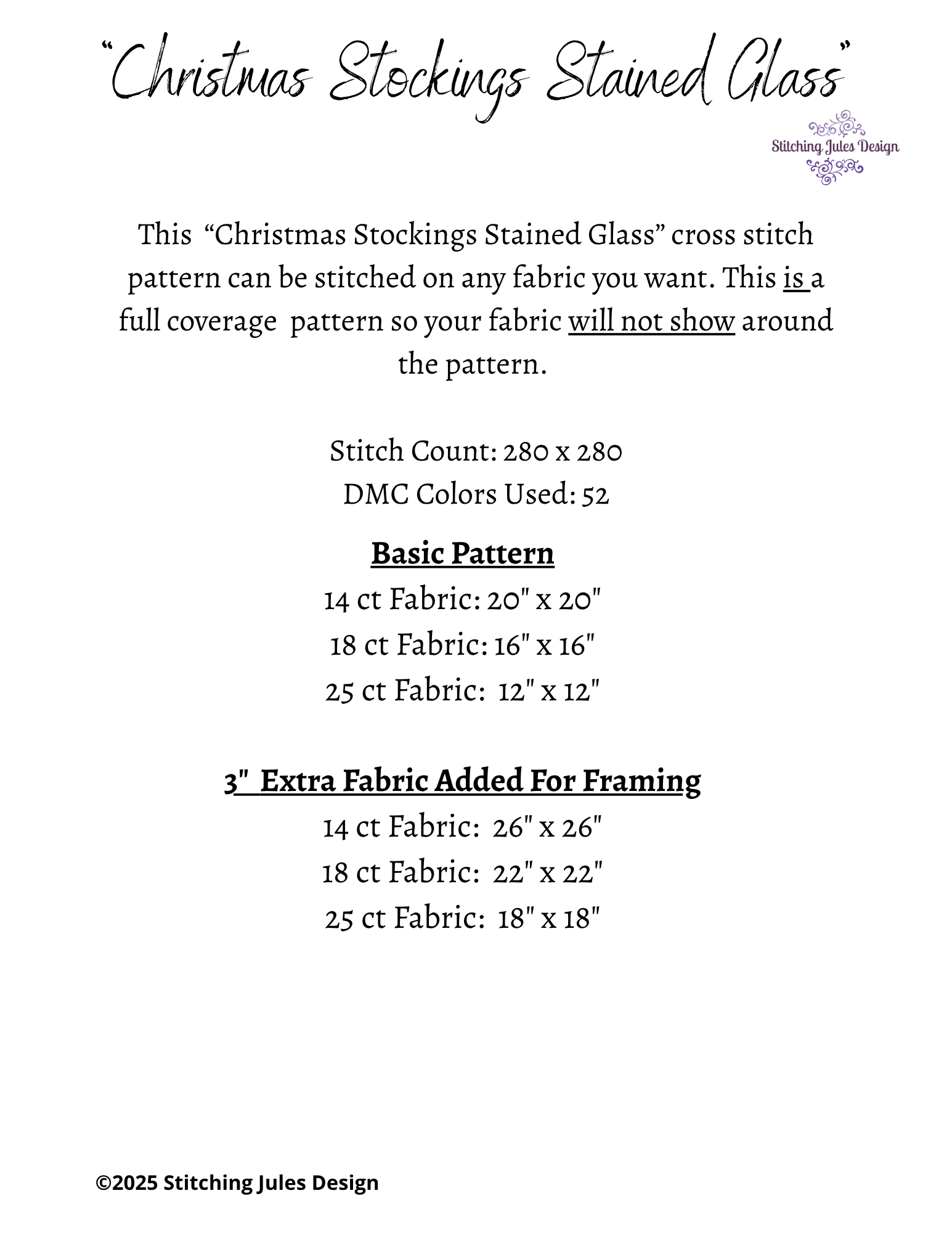 Stitching Jules Design Cross Stitch Pattern Christmas Stockings Stained Glass Full Coverage Counted Cross-Stitch Pattern (Digital Download)