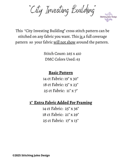 Stitching Jules Design Cross Stitch Pattern City Investing Building New York City Vintage Architecture Full Coverage Counted Cross-Stitch Pattern (Digital Download)