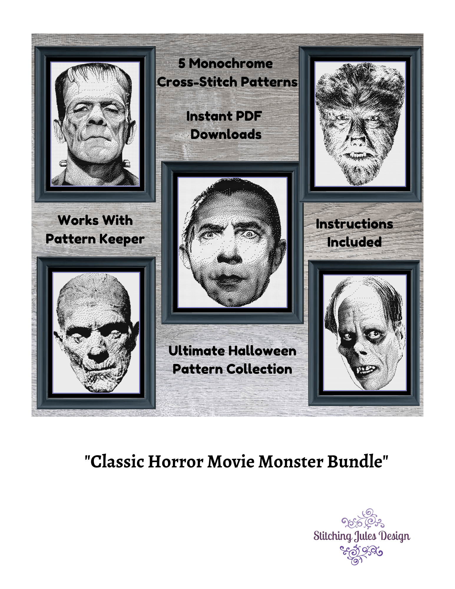 Stitching Jules Design Cross Stitch Pattern Classic Horror Movie Monsters Cross-Stitch Bundle | Monochrome Blackwork | Instant PDF Download