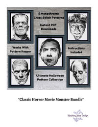 Thumbnail for Stitching Jules Design Cross Stitch Pattern Classic Horror Movie Monsters Cross-Stitch Bundle | Monochrome Blackwork | Instant PDF Download