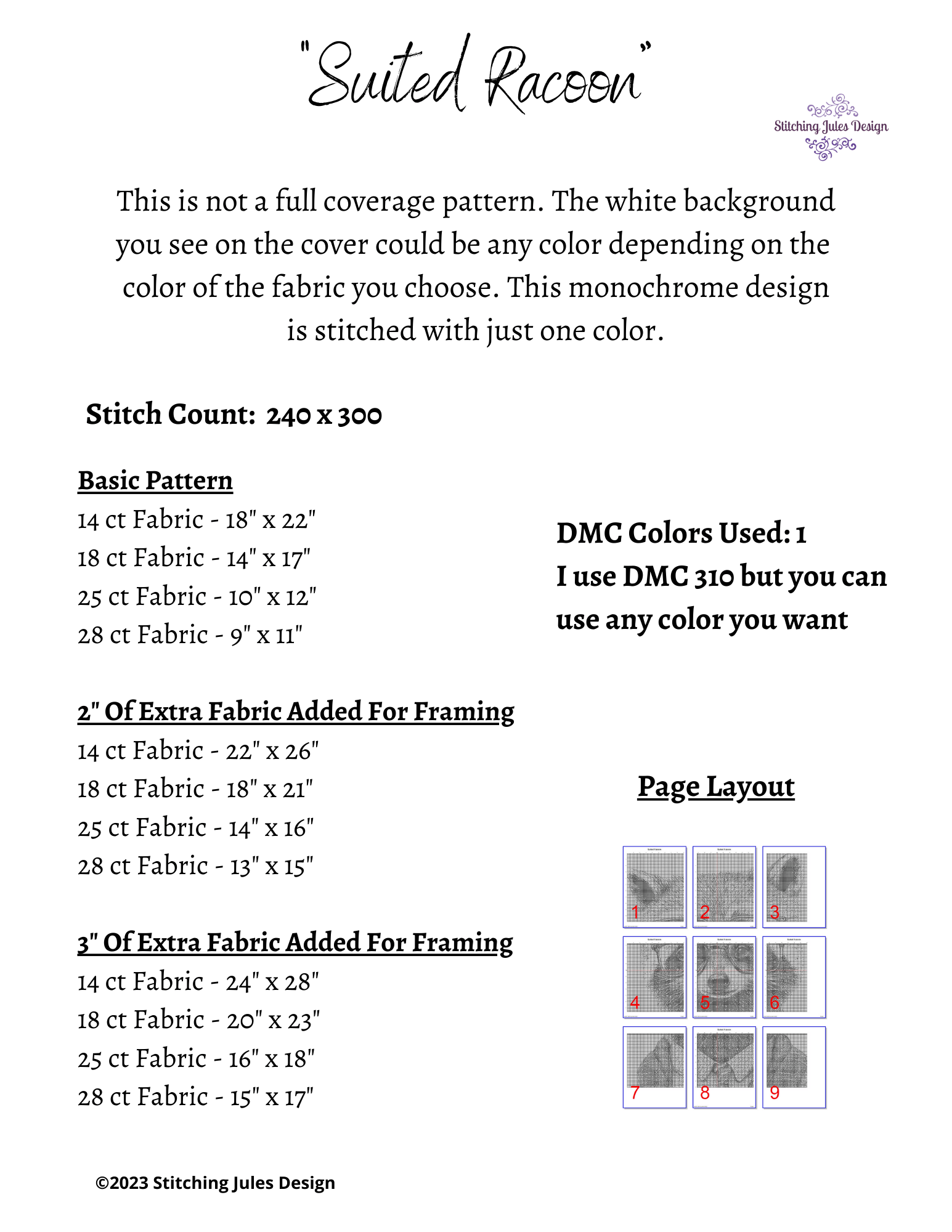 Stitching Jules Design Cross Stitch Pattern Cool Racoon Monochrome Blackwork Cross-Stitch Pattern Instant Download PDF
