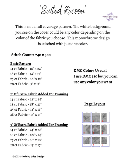 Stitching Jules Design Cross Stitch Pattern Cool Racoon Monochrome Blackwork Cross-Stitch Pattern Instant Download PDF