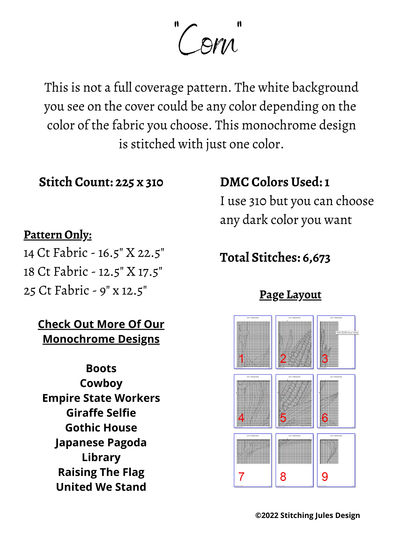 Stitching Jules Design Cross Stitch Pattern Corn Cornfield Farmer Crop Monochrome Cross Stitch Needlepoint Embroidery Pattern - Instant Download - Pattern Keeper Ready