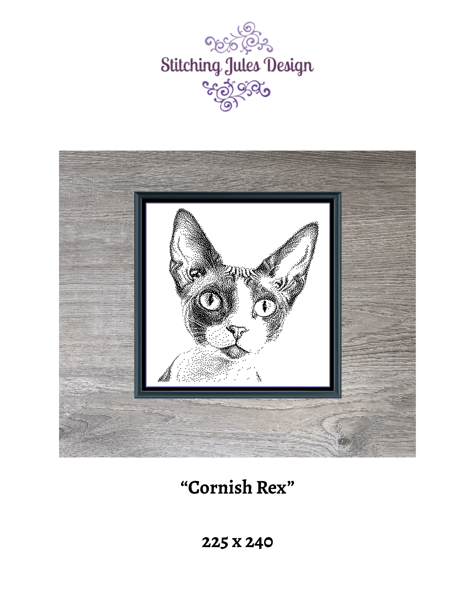 Stitching Jules Design Cross Stitch Pattern Cornish Rex Cat Breed Monochrome Counted Cross-Stitch Pattern (Digital Download)