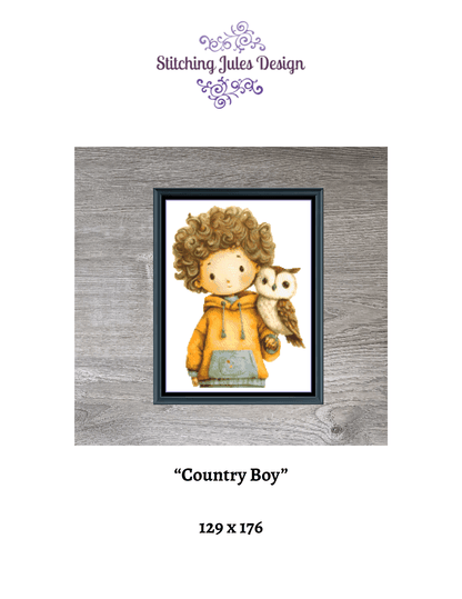 Stitching Jules Design Cross Stitch Pattern Country Boy Owl Folksy Counted Cross-Stitch Pattern (Digital Download)