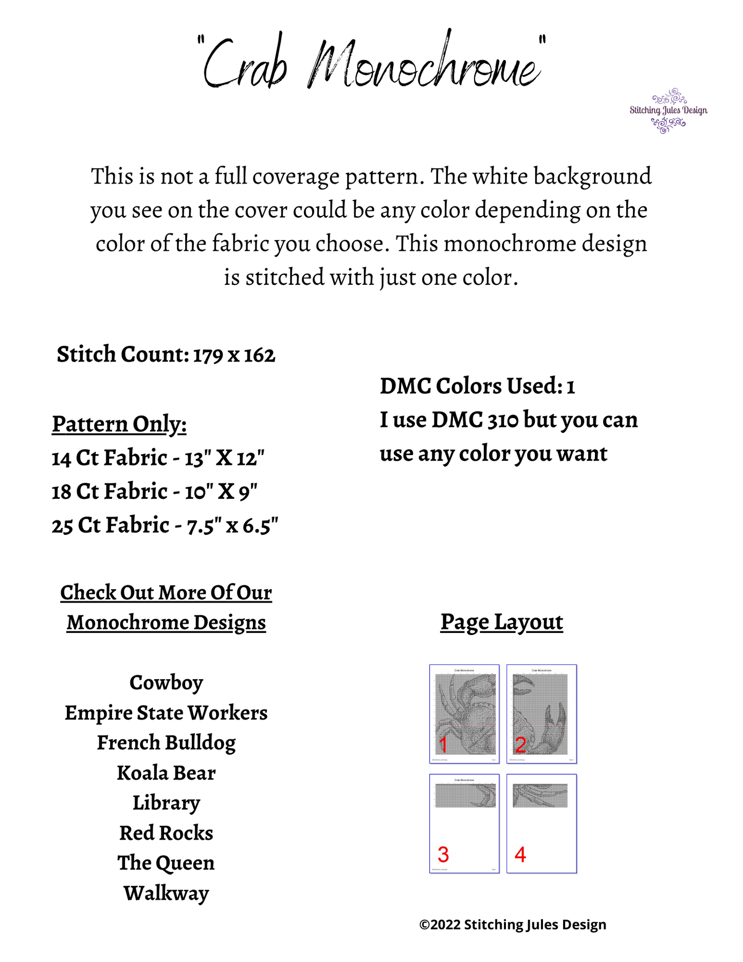 Stitching Jules Design Cross Stitch Pattern Crab Crustacean Animal Ocean Monochrome Black White Counted Cross Stitch Pattern PDF Digital Download Pattern Keeper Ready