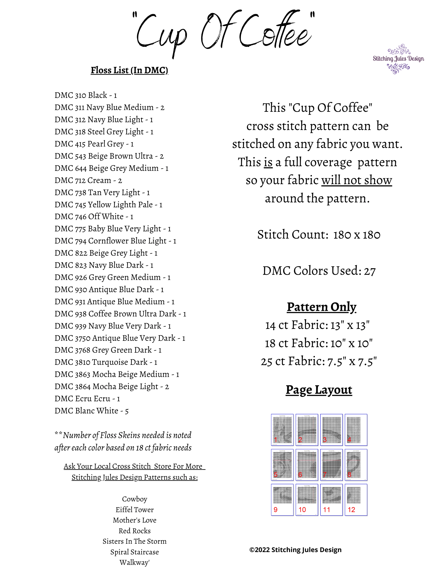 Stitching Jules Design Cross Stitch Pattern Cup Of Coffee Morning Brew Cross Stitch Embroidery Needlepoint Pattern PDF Download - Ready For Pattern Keeper