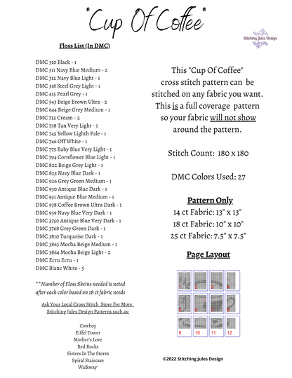Stitching Jules Design Cross Stitch Pattern Cup Of Coffee Morning Brew Cross Stitch Embroidery Needlepoint Pattern PDF Download - Ready For Pattern Keeper