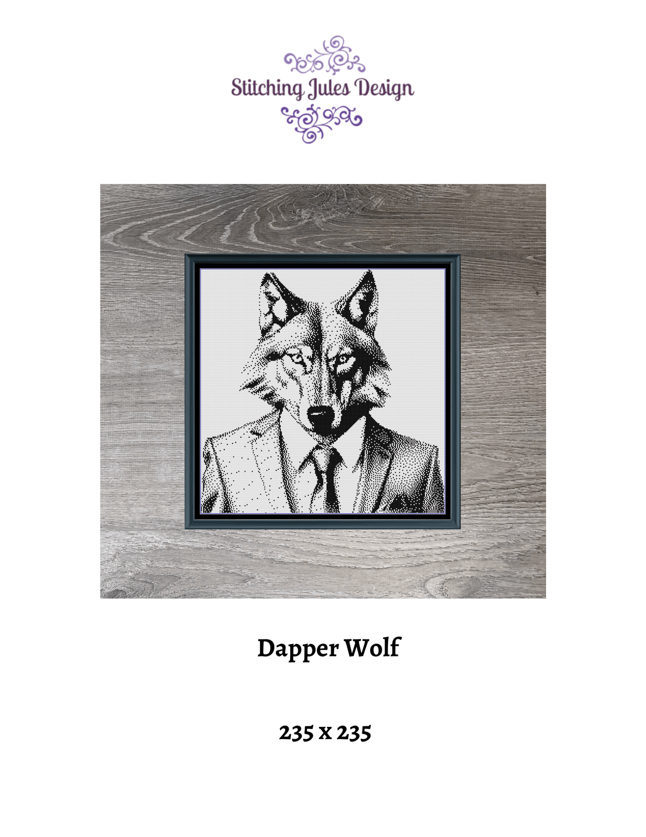 Stitching Jules Design Cross Stitch Pattern Dapper Wolf Monochrome