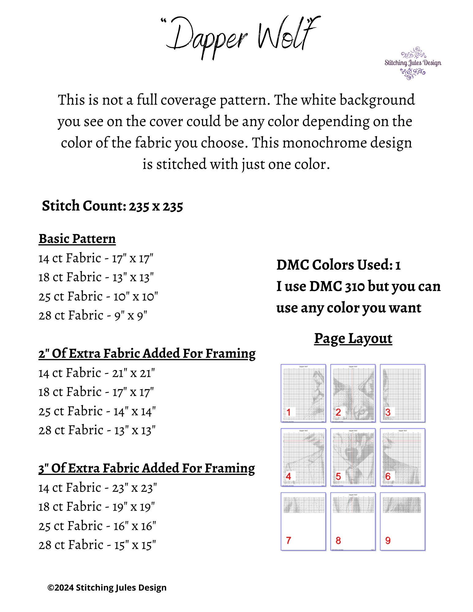 Stitching Jules Design Cross Stitch Pattern Dapper Wolf Monochrome