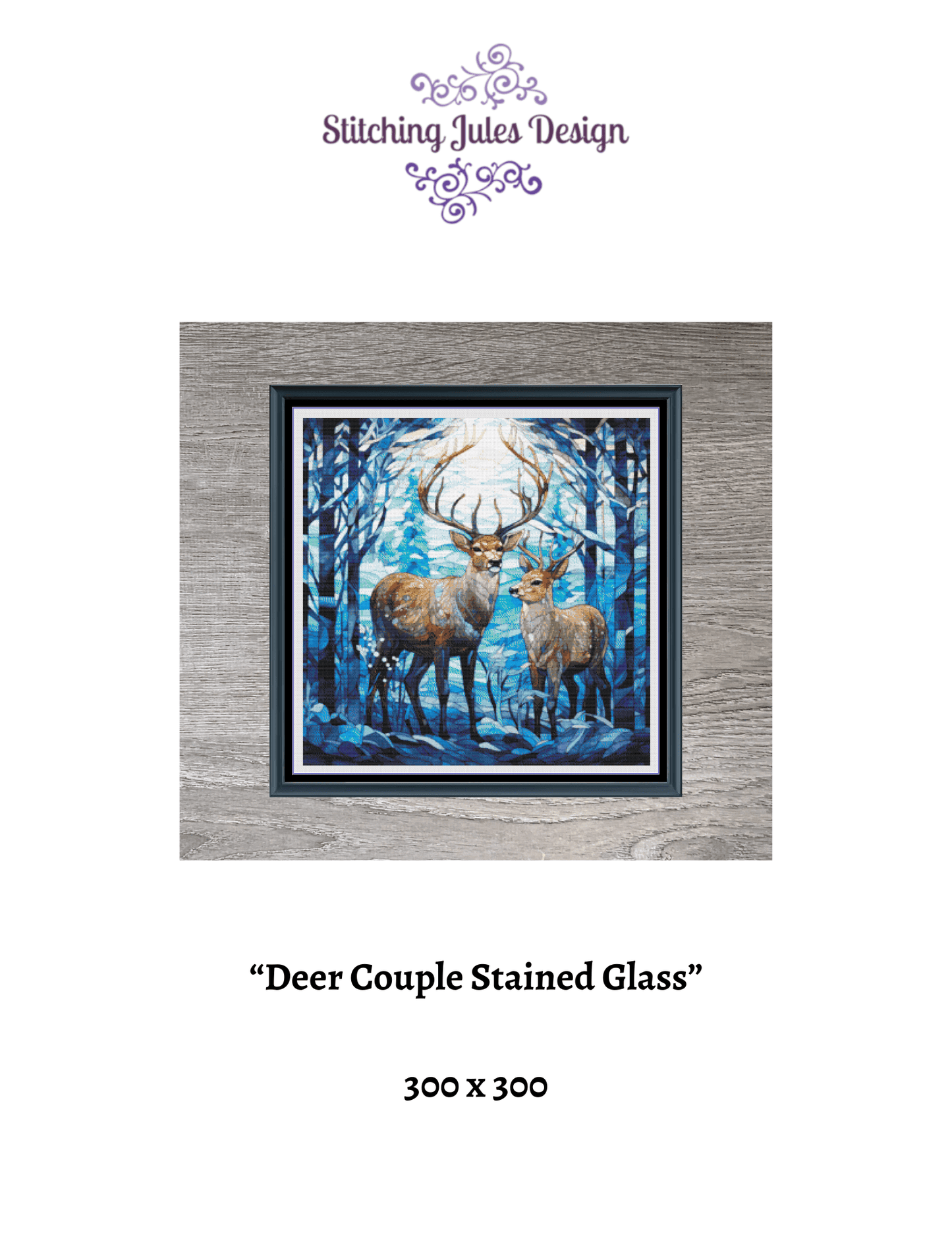 Stitching Jules Design Cross Stitch Pattern Deer Stag Doe Wildlife Winter Stained Glass Full Coverage Counted Cross-Stitch Pattern (Digital Download)