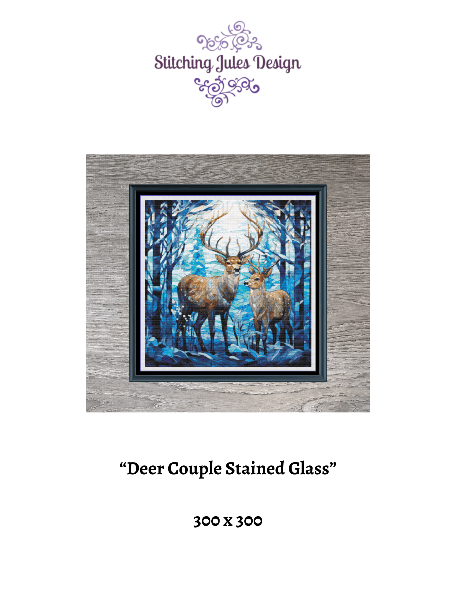 Stitching Jules Design Cross Stitch Pattern Deer Stag Doe Wildlife Winter Stained Glass Full Coverage Counted Cross-Stitch Pattern (Digital Download)