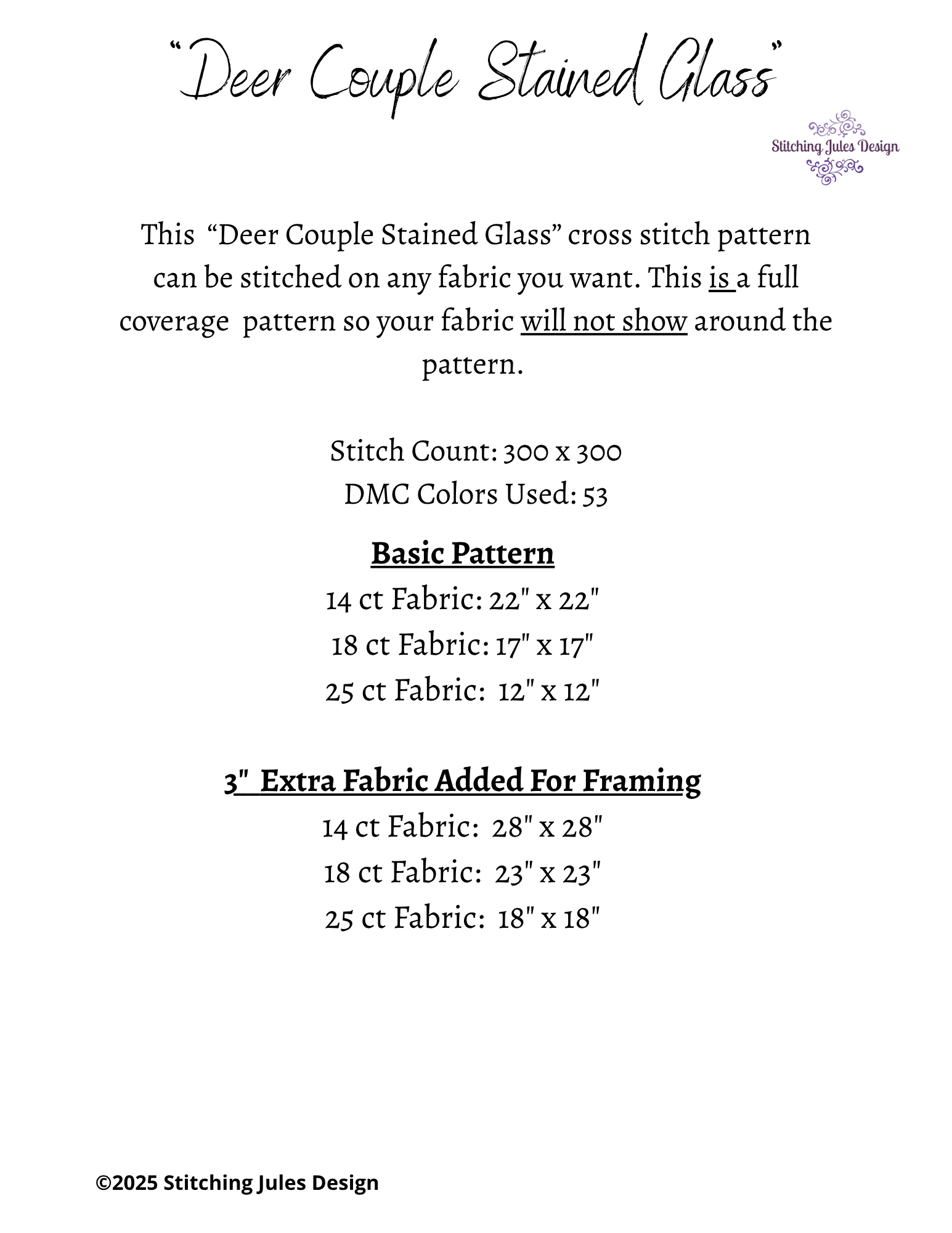 Stitching Jules Design Cross Stitch Pattern Deer Stag Doe Wildlife Winter Stained Glass Full Coverage Counted Cross-Stitch Pattern (Digital Download)