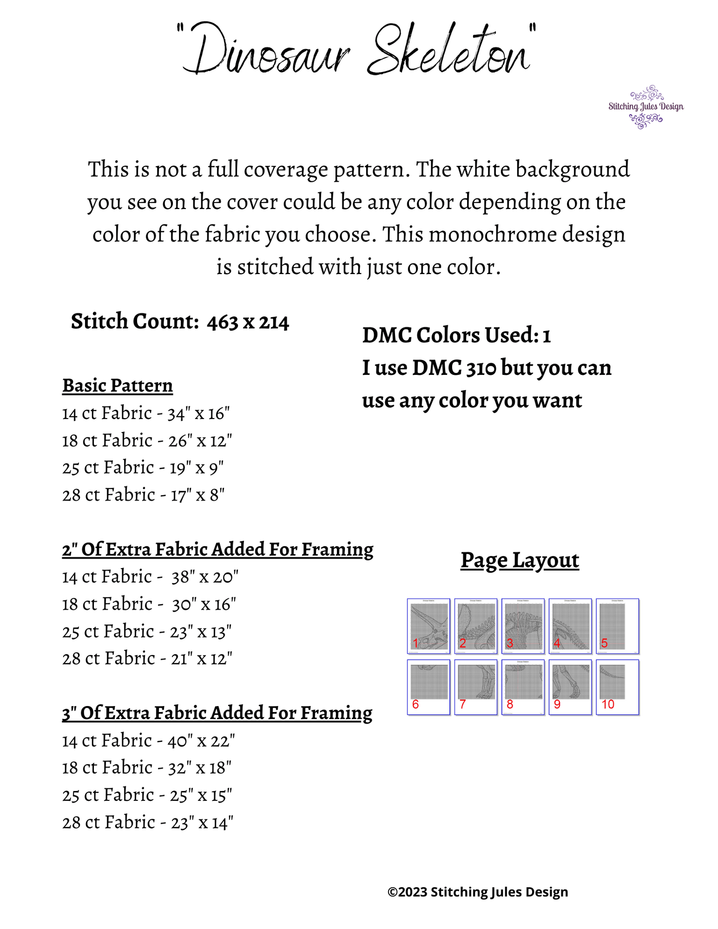 Stitching Jules Design Cross Stitch Pattern Dinosaur Cross Stitch Pattern | Skeleton Cross Stitch Pattern | Blackwork | Instant PDF Download And Physical Pattern Options