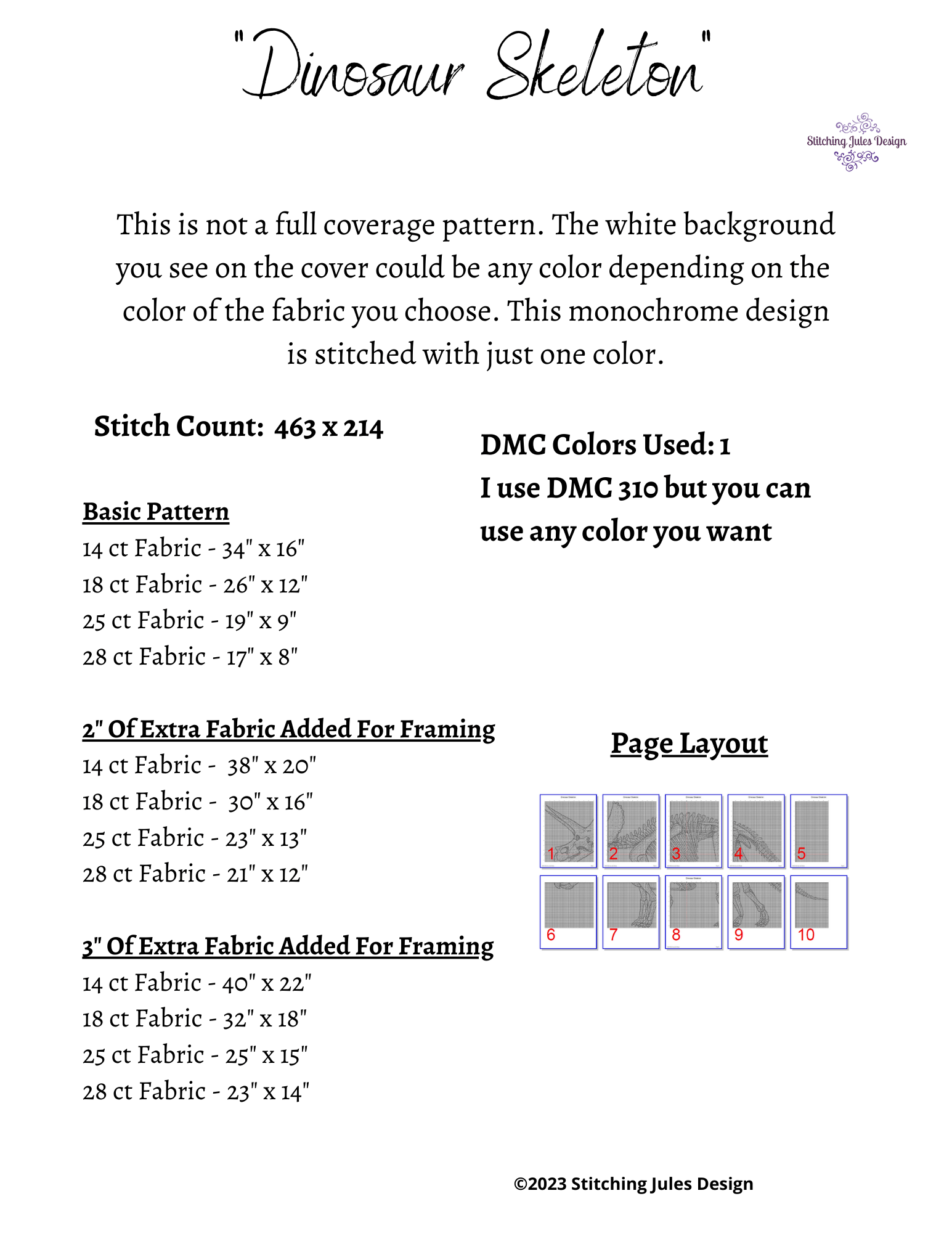 Stitching Jules Design Cross Stitch Pattern Dinosaur Cross Stitch Pattern | Skeleton Cross Stitch Pattern | Blackwork | Instant PDF Download And Physical Pattern Options