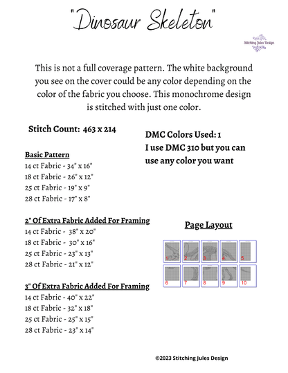 Stitching Jules Design Cross Stitch Pattern Dinosaur Cross Stitch Pattern | Skeleton Cross Stitch Pattern | Blackwork | Instant PDF Download And Physical Pattern Options
