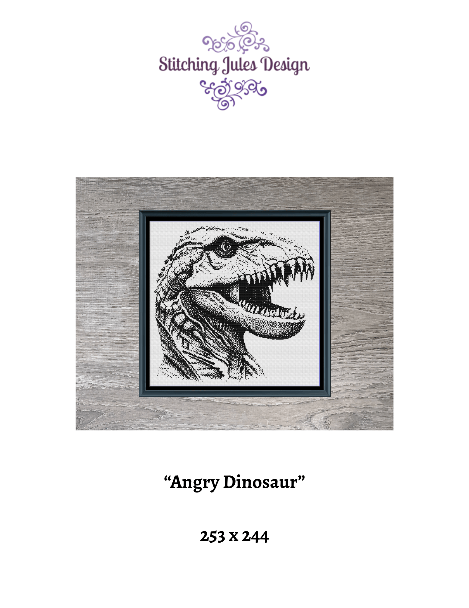 Stitching Jules Design Cross Stitch Pattern Dinosaur Tyrannosaurus Rex Monochrome Counted Cross-Stitch Pattern (Digital Download)