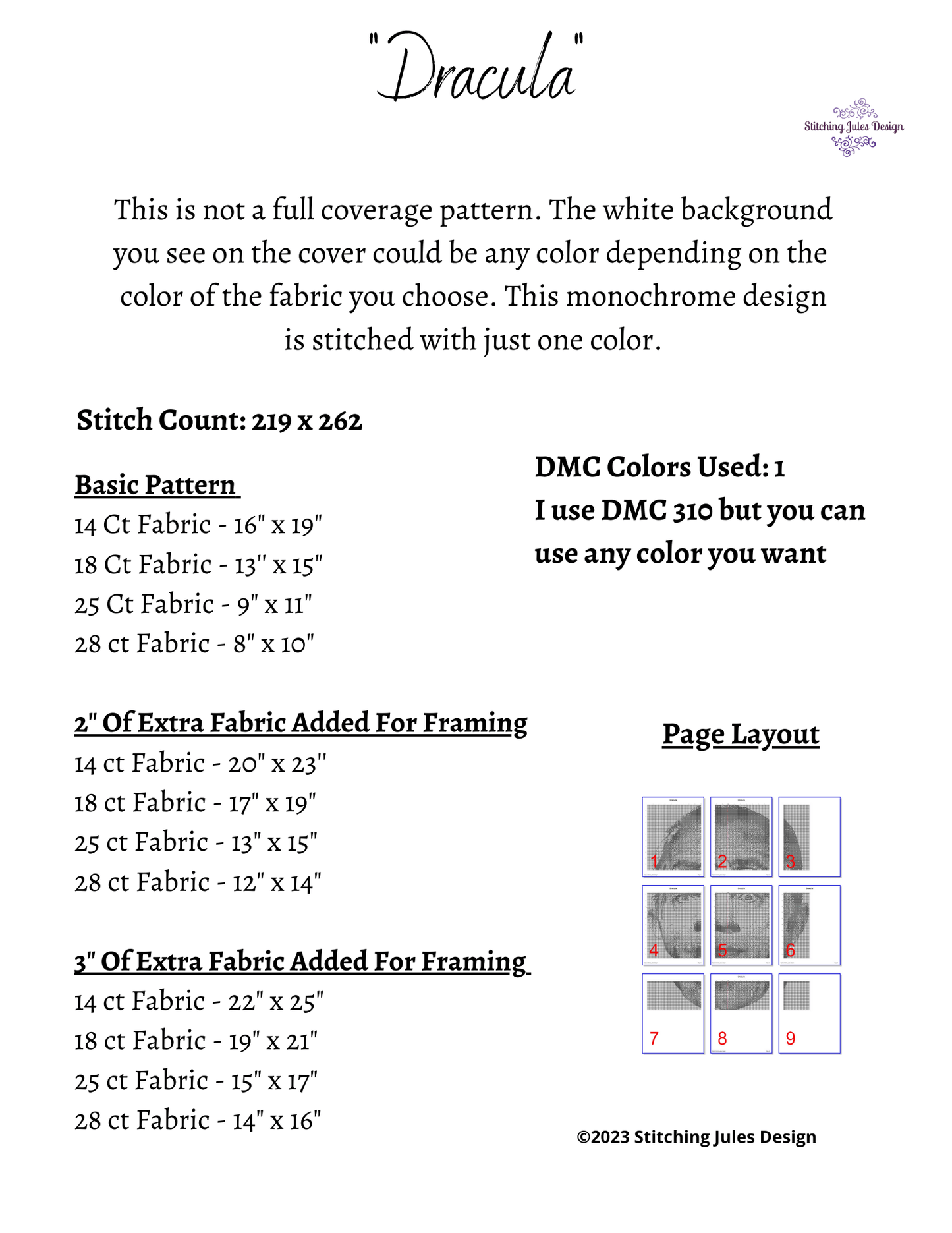 Stitching Jules Design Cross Stitch Pattern Dracula Horror Halloween Cross Stitch Pattern Monochrome Instant PDF Download